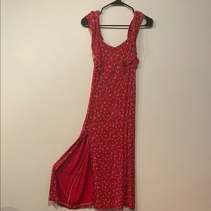Red Floral Handmade Sleeveless Ruffle Maxi Dress with Slit